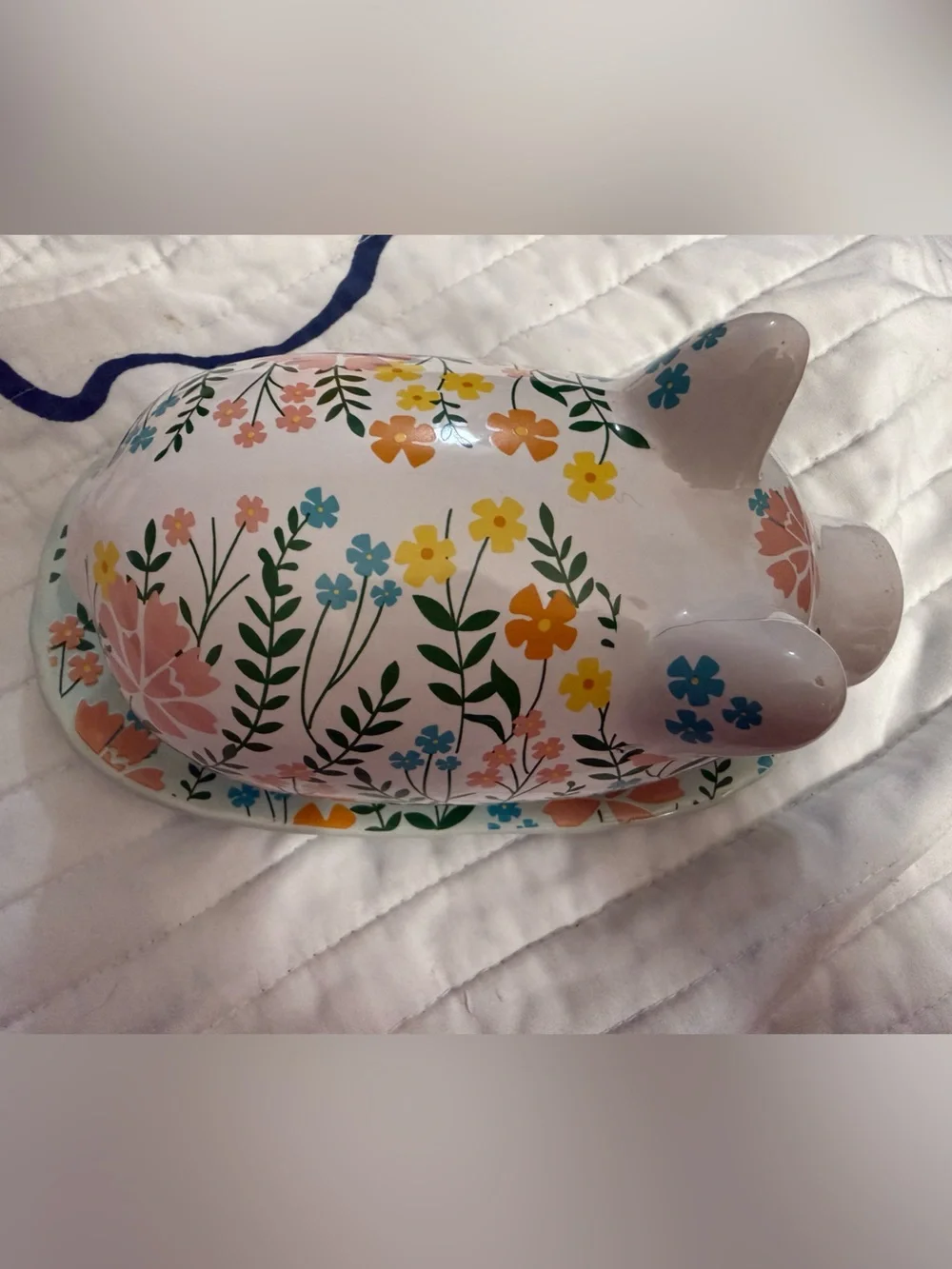 Floral Ceramic Butter Dish in White with Yellow, Pink & Aqua Flowers